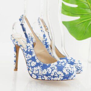 LK Bennett Women Clemmie Pump Size 38.5 8.5 Blue White Floral Slingback Platform